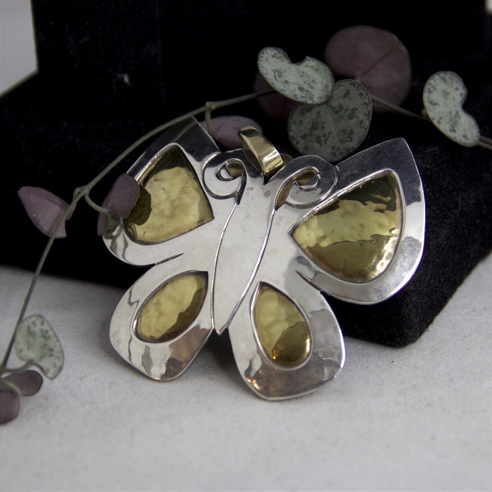 Jeep Collins Sterling Silver and Hammered Brass Butterfly Pendant Mixed Metal